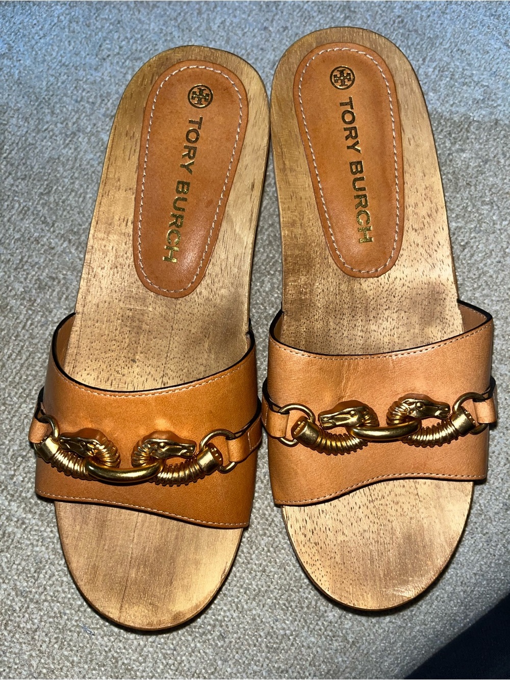 Tory Burch Tan Leather Slide Sandals with Gold Chain Detail